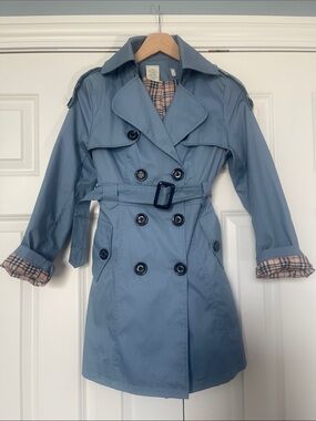 Shabby Apple Double-Breasted Trench Coat in Light Blue with Plaid Lining